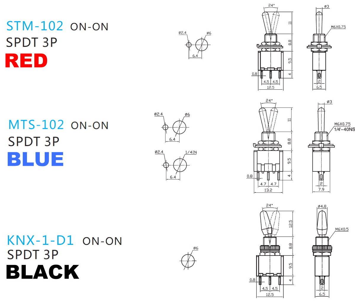 SPDT TOGGLE SWITCH, ONON, 3 PINS, 125V 6A, 250V 3A