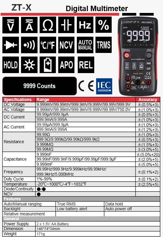 ZOTEK / ZOYI ZT-X HIGH PRECISION 9999 COUNTS INTELLIGENT AUTO RANGING ...