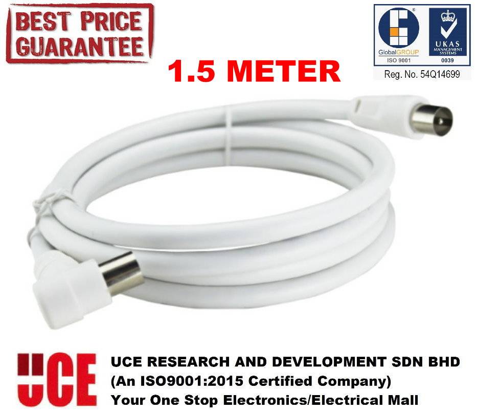 1.5M RF TV ANTENNA COAXIAL CABLE MALE TO MALE L-SHAPE