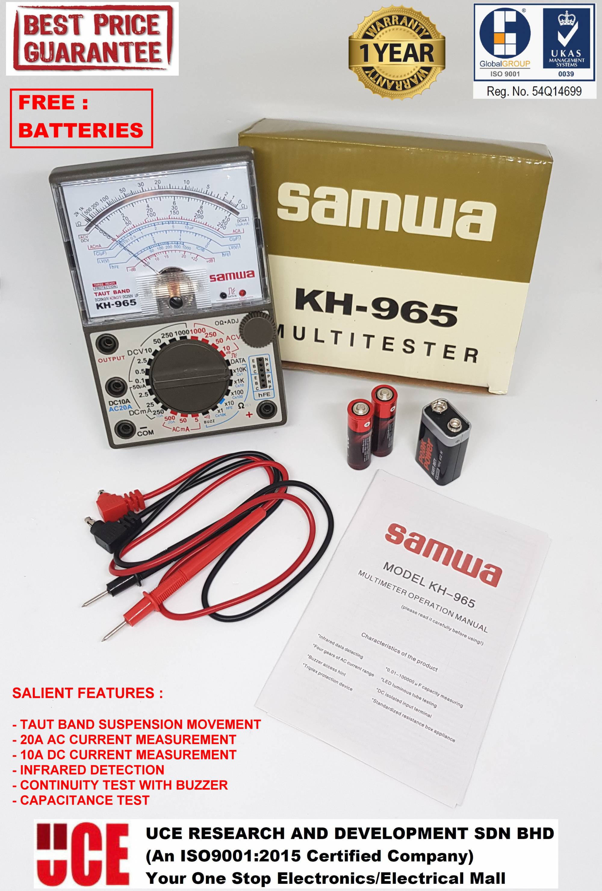 SAMWA HIGH PERFORMANCE ANALOG MULTIMETER / MULTI TESTER WITH BUZZER KH965 TAUT BAND SUSPENSION